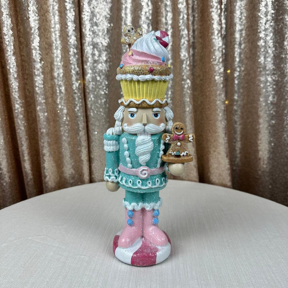 🍬 Pastel Cupcake Gingerbread Nutcracker 10” – Candy Christmas Decor